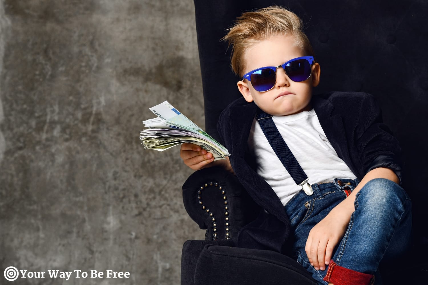 A kid in a black suit with sunglasses and money in his hand, representing 8 Easy And Realistic Ways To Increase Your Income