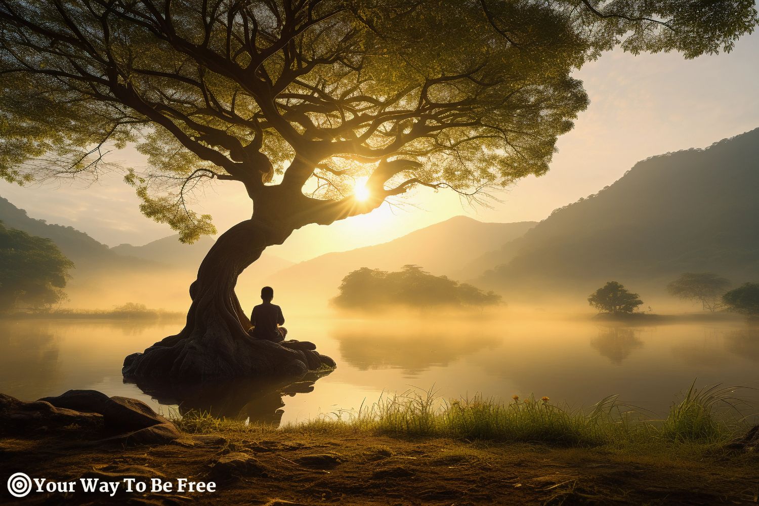Serene landscape at sunrise, a meditator sitting cross - legged under a sprawling bodhi tree, dappled sunlight, tranquil pond nearby, dew glistening on the grass, misty mountains backdrop developing resilience in times of conflict and change