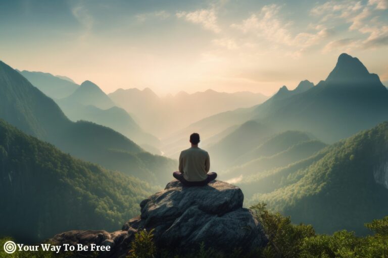 Meditation, landscape and man sitting on mountain top for mindfulness and spirituality. Peaceful, stress free and focus in nature with view, for mental health, zen and meditating practise. a person looking for metal clarity while decluttering the mind