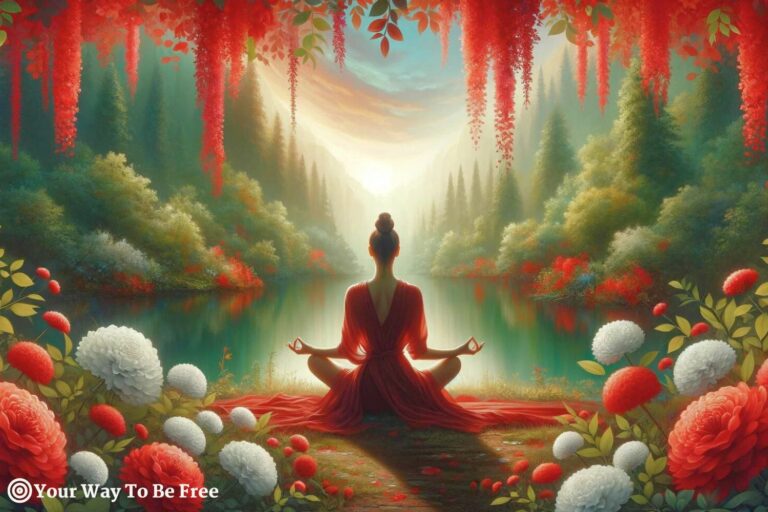 a woman meditating in front of a lake in the wood surrounded by red and white flowers. she is grounding herself with meditation balancing with the root chakra