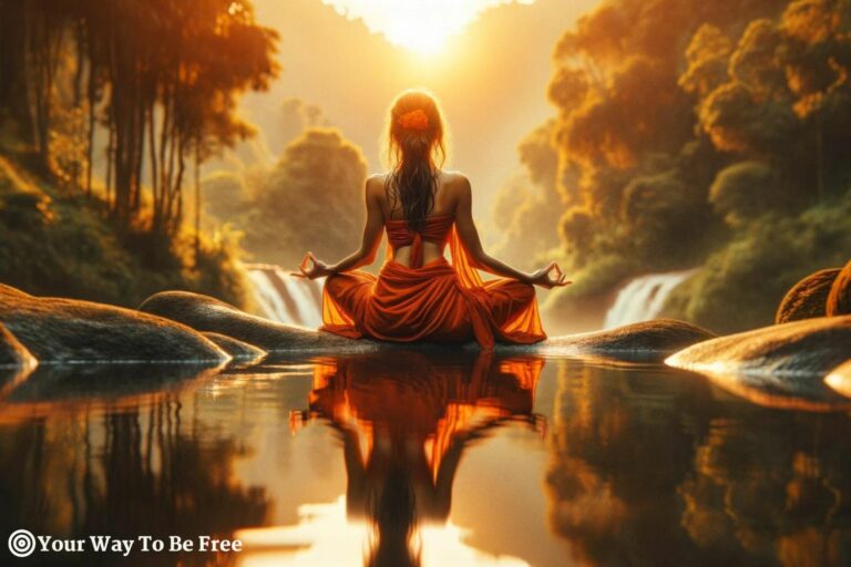 a woman meditating at the sunset over a lake. she discover her sacral chakra.