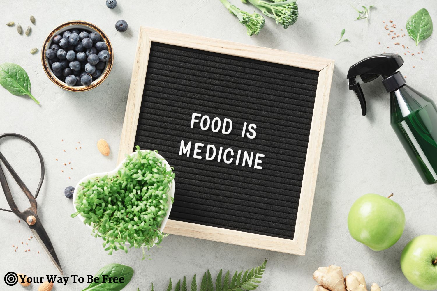 Food id medicine letter board quote flat lay. Healthy eating concept