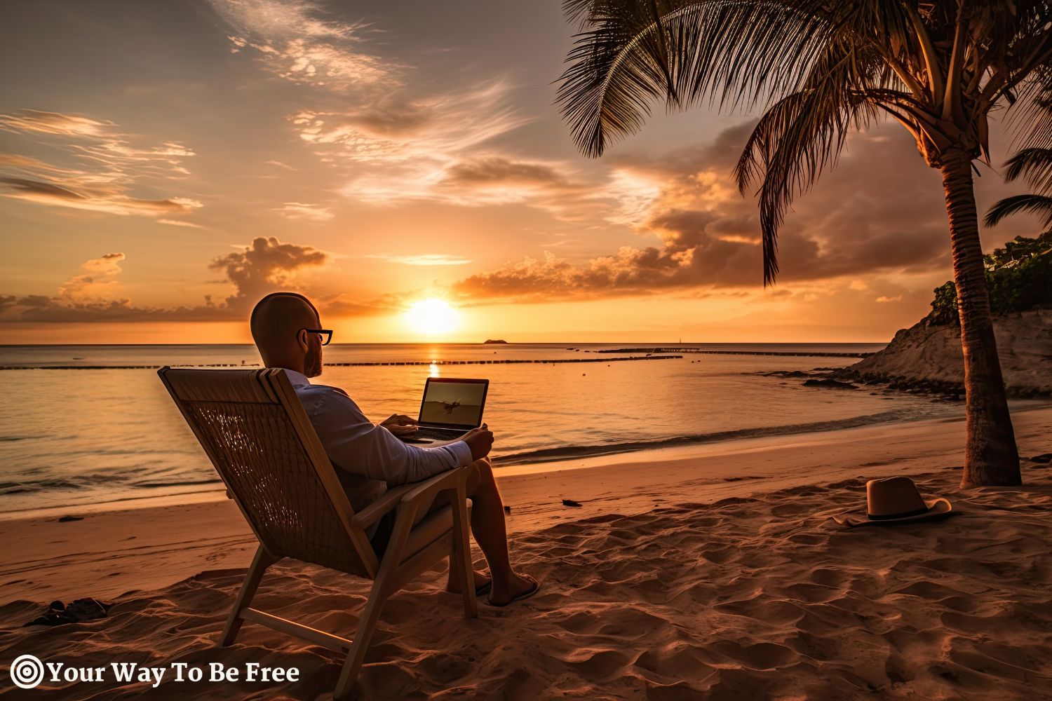Person achieving financial freedom, a man working with its laptop on a beach at the sunset
