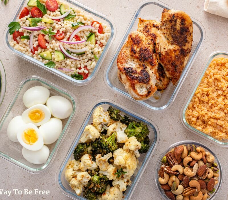 Healthy meal prep with cooked chicken breast, boiled eggs, roasted vegetables, cooked lentils, couscous salad and nuts. nutrition on the go, Healthy Meal Ideas