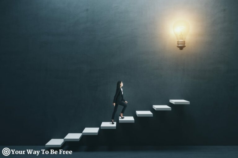A woman going up the stairs in the personal growth journey