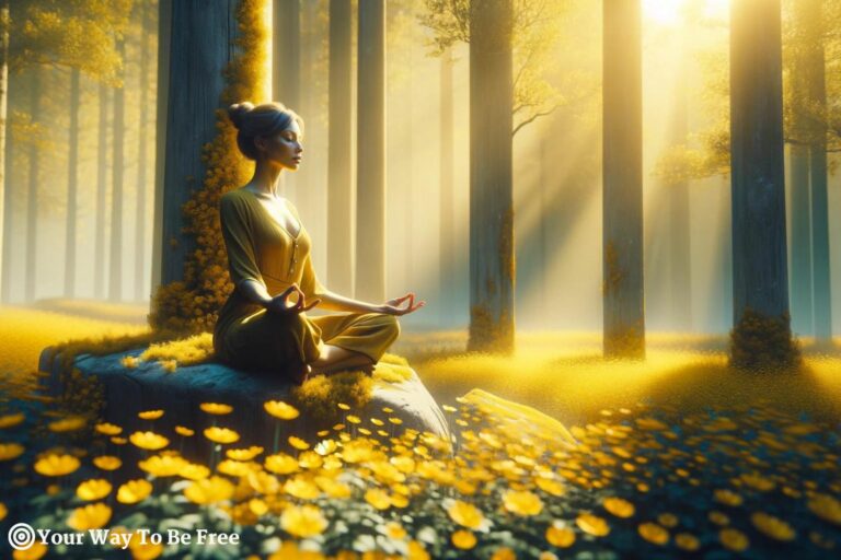 a woman meditating in a field with yellow flowers. She is Unlocking her Inner Strength with the power of the Solar Plexus Chakra